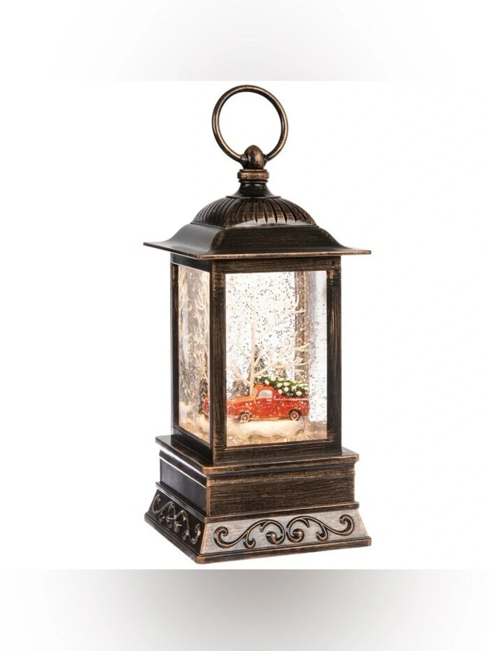 Antique Bronze- tone Christmas Lantern Water Globe with Red Truck Decor 9” H